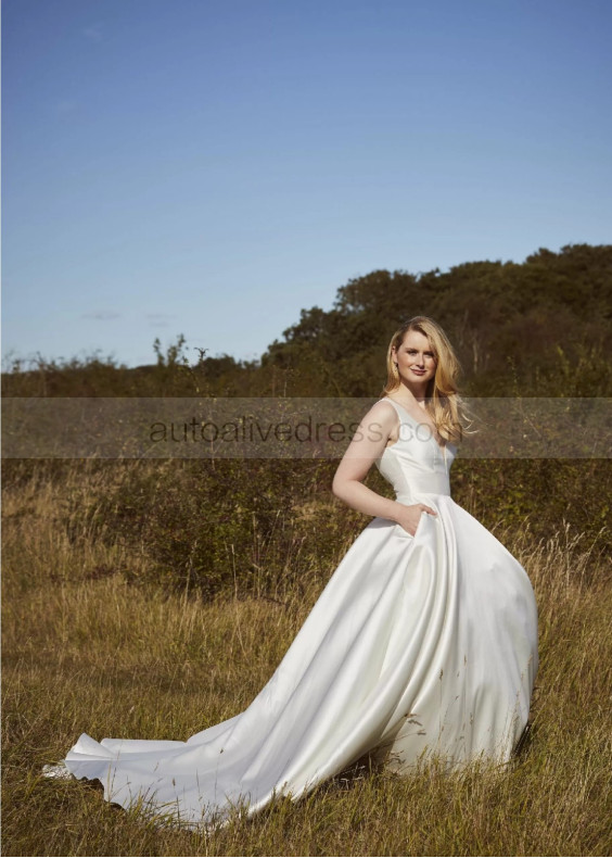 Plunging V Neck Ivory Satin Simple Wedding Dress